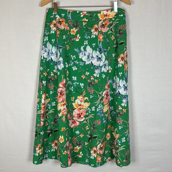 LOFT Floral Fluid Green Midi Skirt - Picture 2 of 7